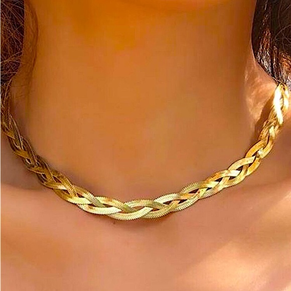 Braided Twisted Gold Plated Herringbone Snake Necklace Matching Bracelet Set - Picture 2 of 6